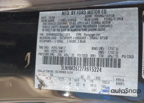 2007 Lincoln Mkz from USA, damaged, VIN 3LNHM26T27R615224